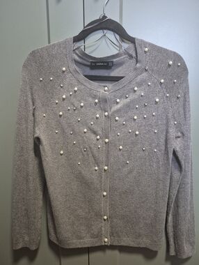 ZARA Elegant Cardigan with Pearl and Stone Accents